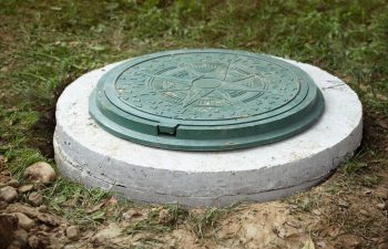 Green manhole cover on a concrete base surrounded by grass and soil.